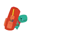 a cartoon of a dinosaur carrying a red pencil case with a ruler on it