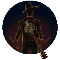 a man in a suit is holding a guitar with a resonator on the back