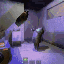 a purple room with a person standing in the middle