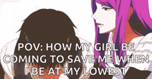 a man and a woman are standing next to each other and the woman is asking the man how his girl is coming to save him .