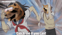 a cartoon of a dog wearing sunglasses and a girl with a sailor uniform says catch me if you can