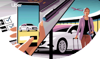 an uber advertisement with a woman holding a suitcase