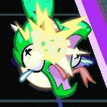 a pixel art drawing of a cartoon character with a purple stripe on the bottom
