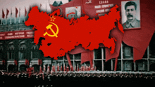 a map of the soviet union with a red hammer and sickle on it