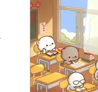 a cartoon drawing of a classroom with chinese characters on the walls