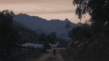 a person standing on a dirt road with their arms outstretched in front of mountains