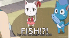 a cartoon cat is holding a fish in front of a girl .