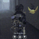 a person in a video game is standing next to a yellow butterfly and the words next flying direction are on the screen .
