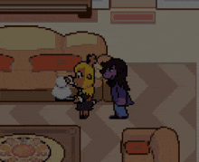 a pixel art of a person standing next to a couch holding a tray .