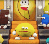 a yellow cartoon character with arms and legs is sitting on a set of stairs with other characters