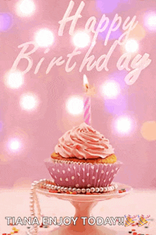 a birthday card with a cupcake with a candle and the words happy birthday tiana enjoy today