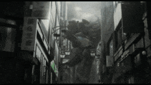 a robot is walking down a narrow street with a sign that says ' tokyo '