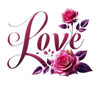 the word love is surrounded by red roses and purple leaves