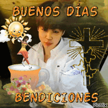 a picture of a woman with the words buenos dias bendiciones written on it