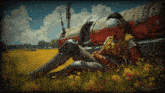 a painting of a woman laying in a field of flowers