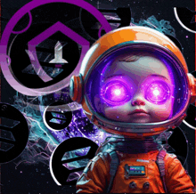 a baby wearing an orange space suit with purple eyes