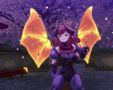 a girl with horns and wings is standing in front of a tree with flowers
