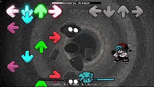 a cartoon character is playing a video game with arrows pointing up and down .