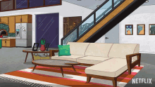 an illustration of a living room with a couch and a staircase with netflix written on the bottom