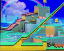 a video game scene with a rainbow and a staircase