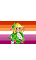 a cartoon character wearing a cowboy hat and sunglasses is standing in front of a lesbian flag