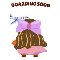an illustration of a girl with a plane on her head and the words boarding soon