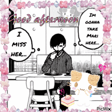a black and white drawing of a man sitting at a table with the words " good afternoon i miss her "