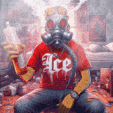 a man wearing a gas mask is holding a bottle and wearing a shirt that says ace