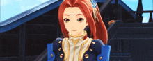 a girl with red hair is wearing a blue jacket with gold buttons