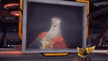 a cartoon character is standing in front of a painting of a man with a beard