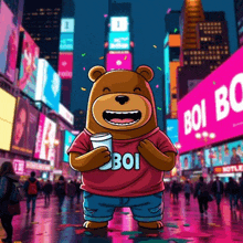 a cartoon of a bear wearing a shirt that says boi on it