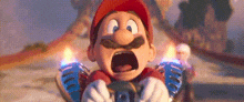 a close up of a cartoon character holding a steering wheel and a torch .