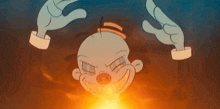 a cartoon character with a pig nose is smiling and holding a fire