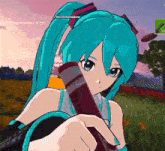 hatsune miku is playing a video game and holding a red tube in her hand .