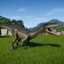 a large dinosaur with its mouth open is standing in a grassy field