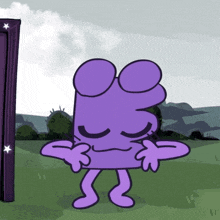 a cartoon drawing of a purple object with the number 3 on its face