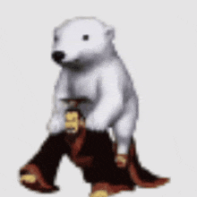 a polar bear is standing on a person 's feet