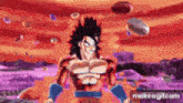 a cartoon character from dragon ball z is standing in front of a purple and red background .