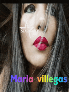 a close up of a woman 's face with the name maria villegas on it