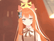 a girl with long orange hair has a flower in her hair and a halo around her head
