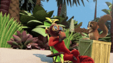 a cartoon monkey is sitting in a chair while a squirrel looks on