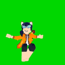 a cartoon character is sitting on a green screen with his arms outstretched .