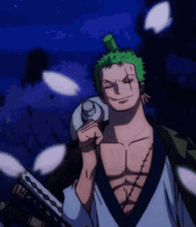 roronoa zoro from one piece is holding a sword and a bottle on his head .