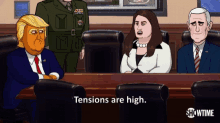 a cartoon of donald trump sitting at a table with showtime written on the bottom left