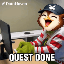 a cartoon owl is sitting in front of a computer with the words quest done written below it