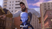 a man standing next to a cartoon character that says huh on it
