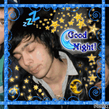 a picture of a man sleeping with the words " good night " on it