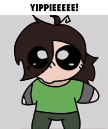 a cartoon character with a green shirt and black eyes says yippeeee