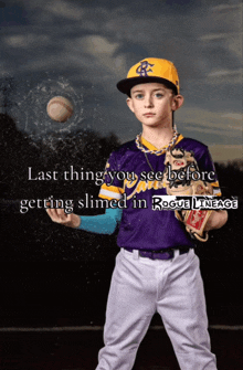 a young boy in a baseball uniform is holding a baseball in his hand with the words last thing you see before
