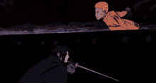 a cartoon character is fighting another cartoon character with a sword in a dark room .